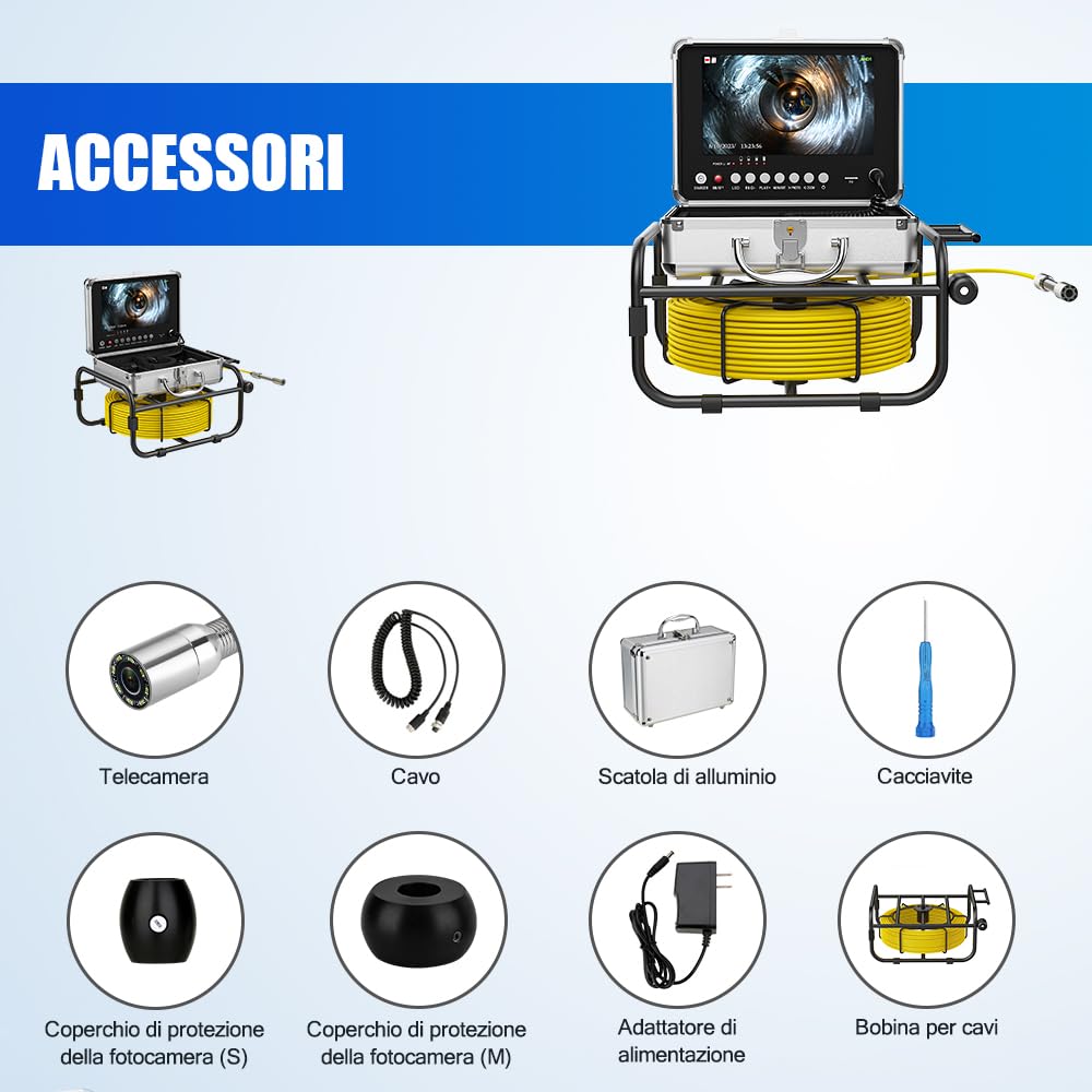 Telecamera Ispezione Tubi 30 Metri 9" Monitor DVR Registrazione Telecamera Ispezione tubo, IP68 Sistema Endoscopico Videoispezione Industriale di Scarico Della Conduttura Fognaria con 8PCS LE