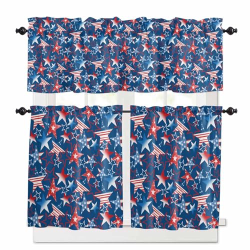 4th of July Kitchen Curtains 36 Inch Length,3 Piece Rod Pocket Small Half Tiers and Valance Set,Navy Blue Red Stars Independence Day Abstract Small Large Window Treatment Decor for Bedroom/Bathroom