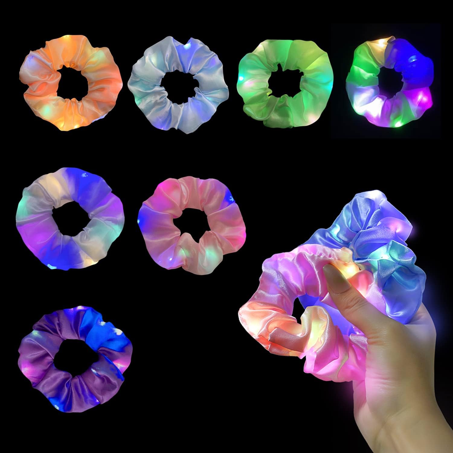 7 pieces of colorful luminous hair bands, shiny elastic hair accessories, neon headdresses, suitable for daily life, festivals, and parties. (Three lighting modes)