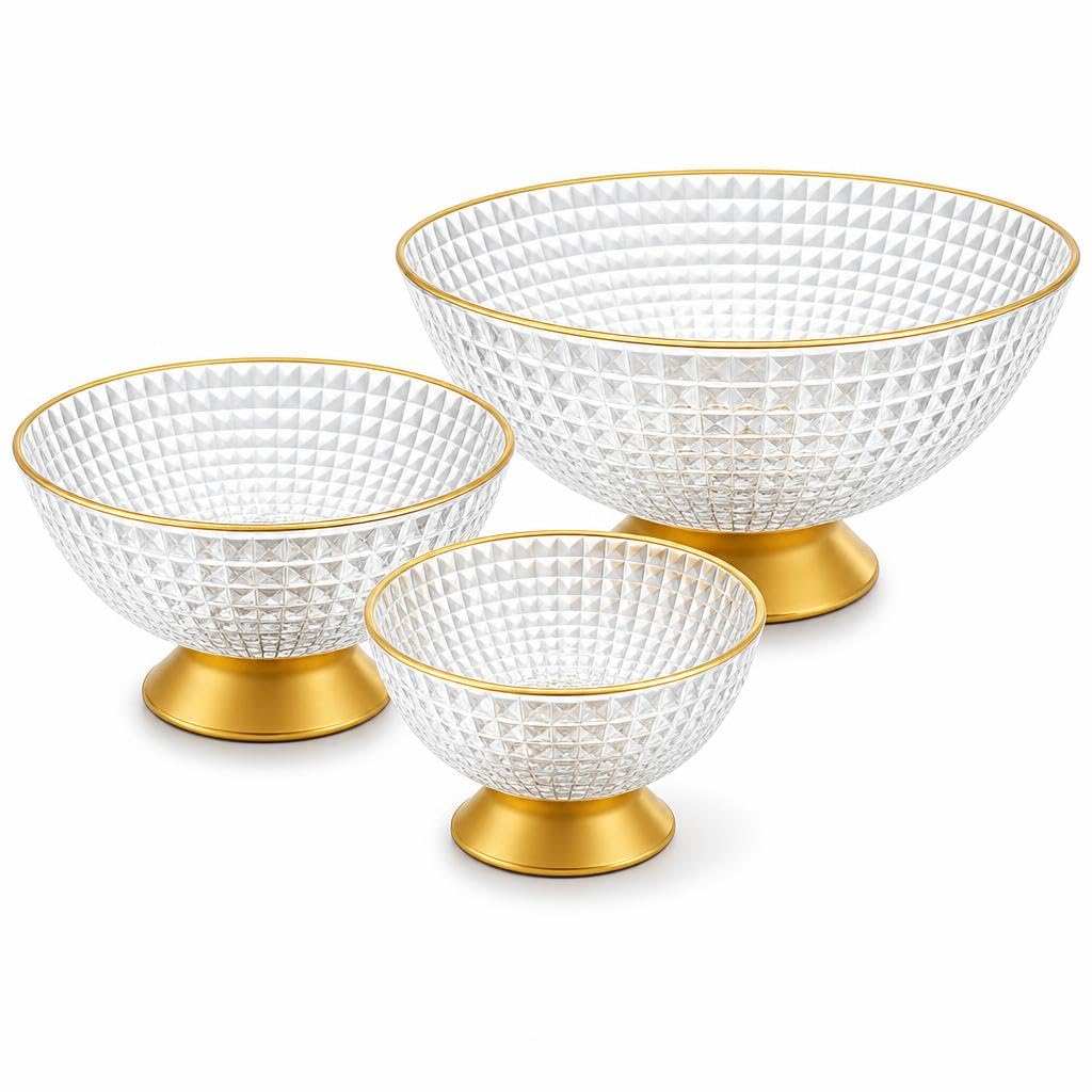 Crystal Serving Bowl Set of 3 with Gold Stand | Premium Decorative Fruit Bowl Set | Multipurpose Snack Bowl, Dry Fruit Bowl, Dessert Bowl, Salad Bowl for Dining Table, Kitchen & Home Decor-image-2