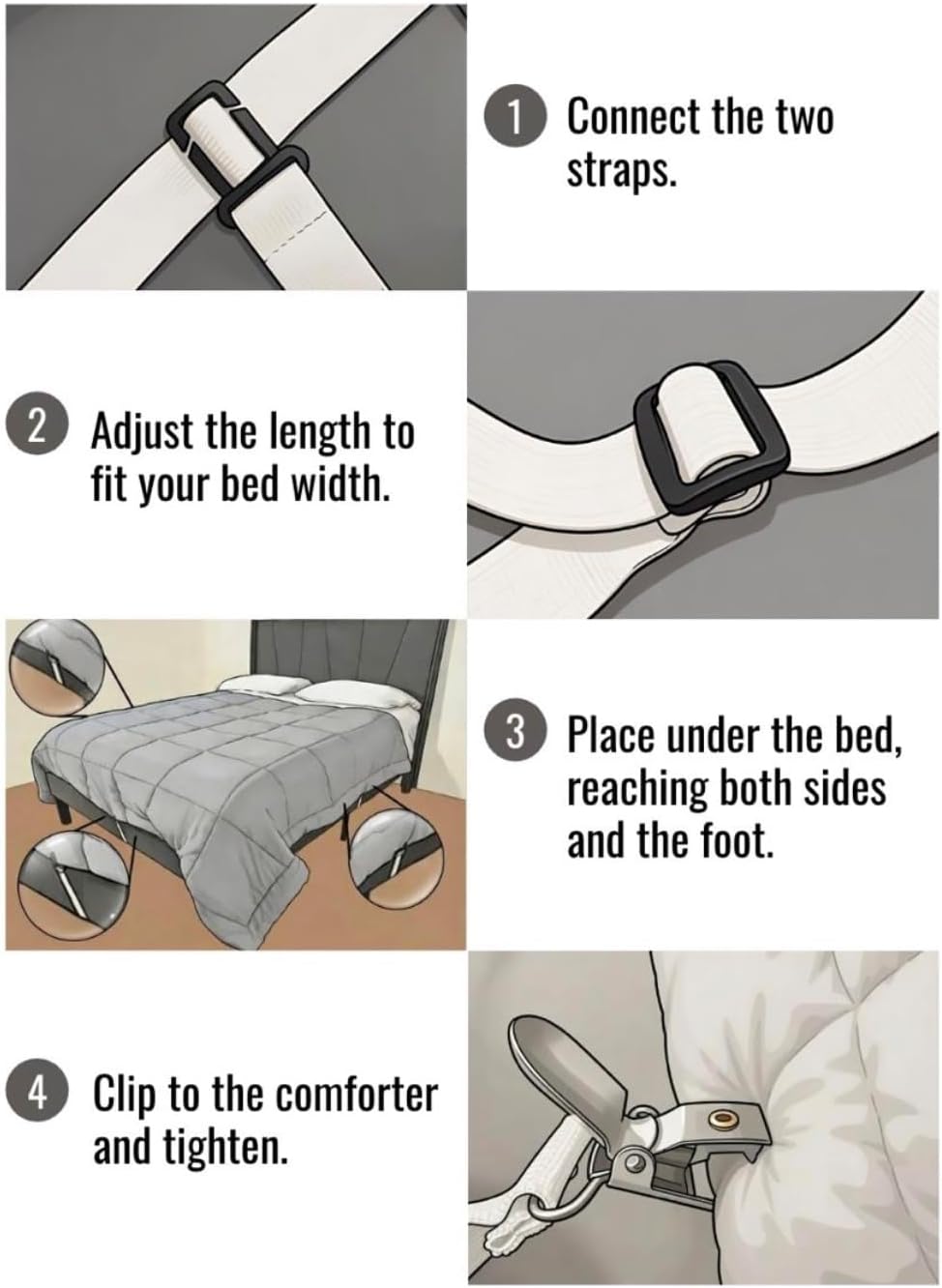 Comforter Holder Straps – Adjustable Elastic Bands with Clips, Secure Duvet & Comforter While Sleeping