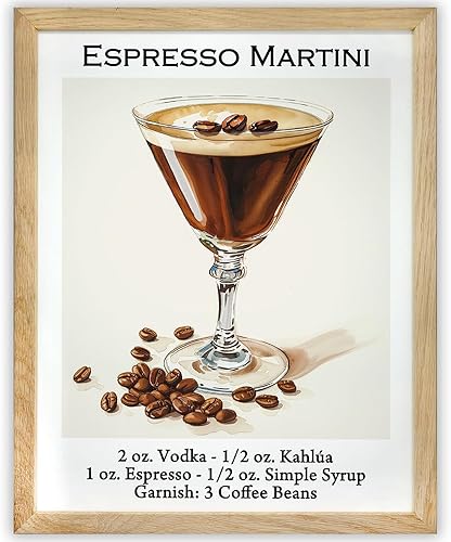Póster enmarcado de receta de Martini Espresso Martini de cóctel vintage de 11 x 14 pulgadas arte de pared retro para amantes del café y bares