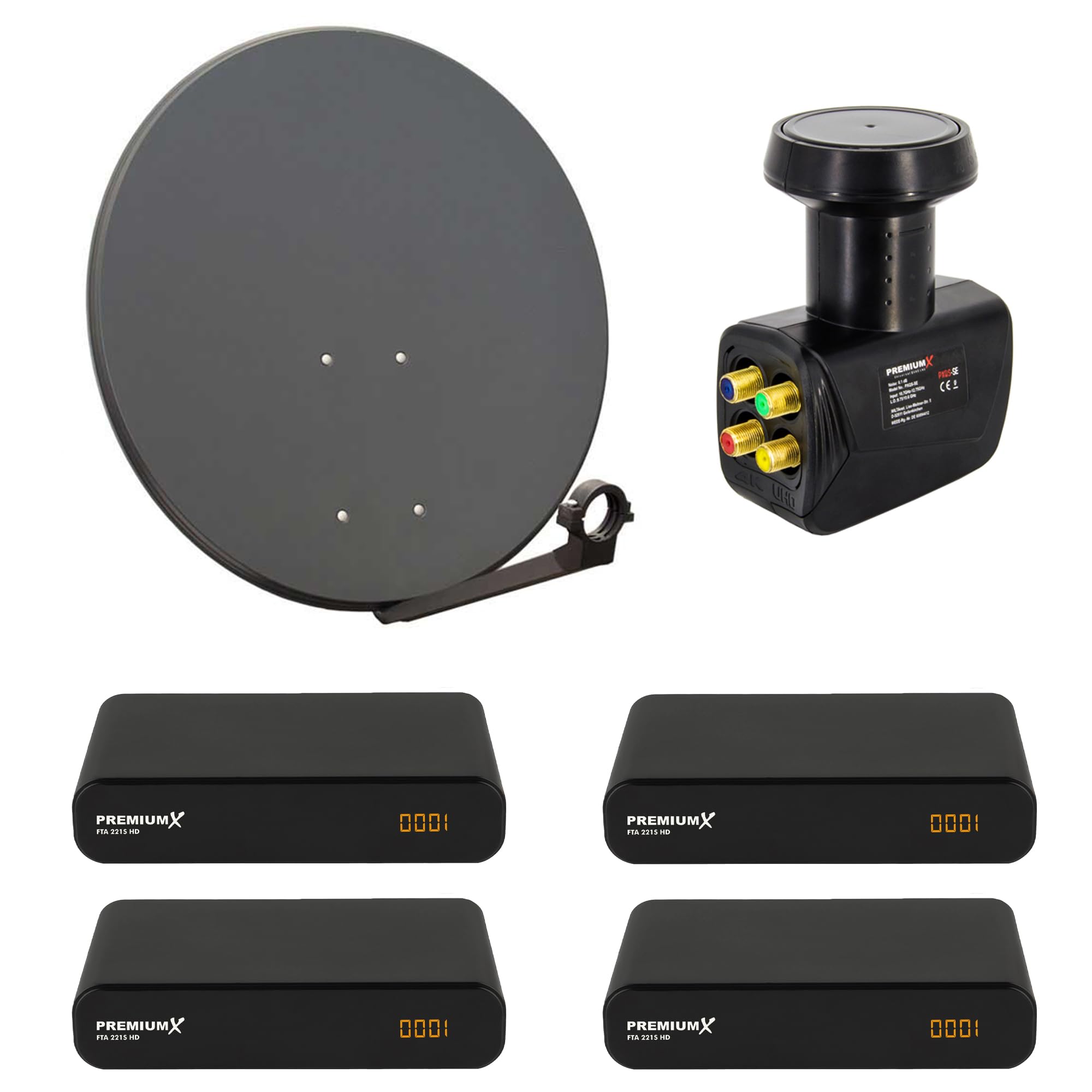 Premium X Satelliten-Komplettanlage 4 Teilnehmer 80cm Satellitenschüssel SAT Quad LNB 4X HD TV Digital Receiver inkl. HDMI-Kabel