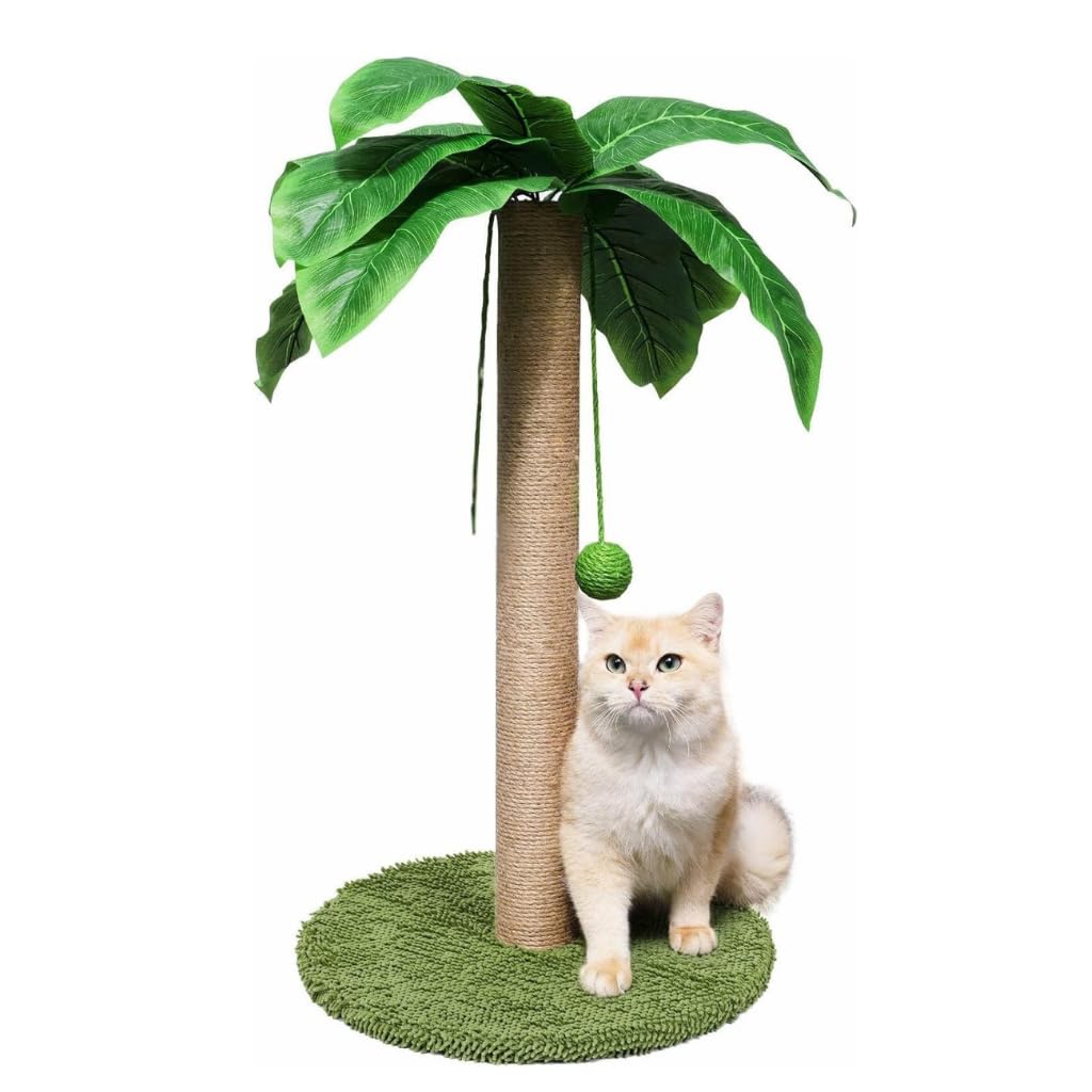Wooden Cat Scratcher Post – Interactive Cat Towers with Sisal, Toys, Perches & Tracks – Multiple Designs for Indoor Cats & Kittens (2, Palm Tree Design)