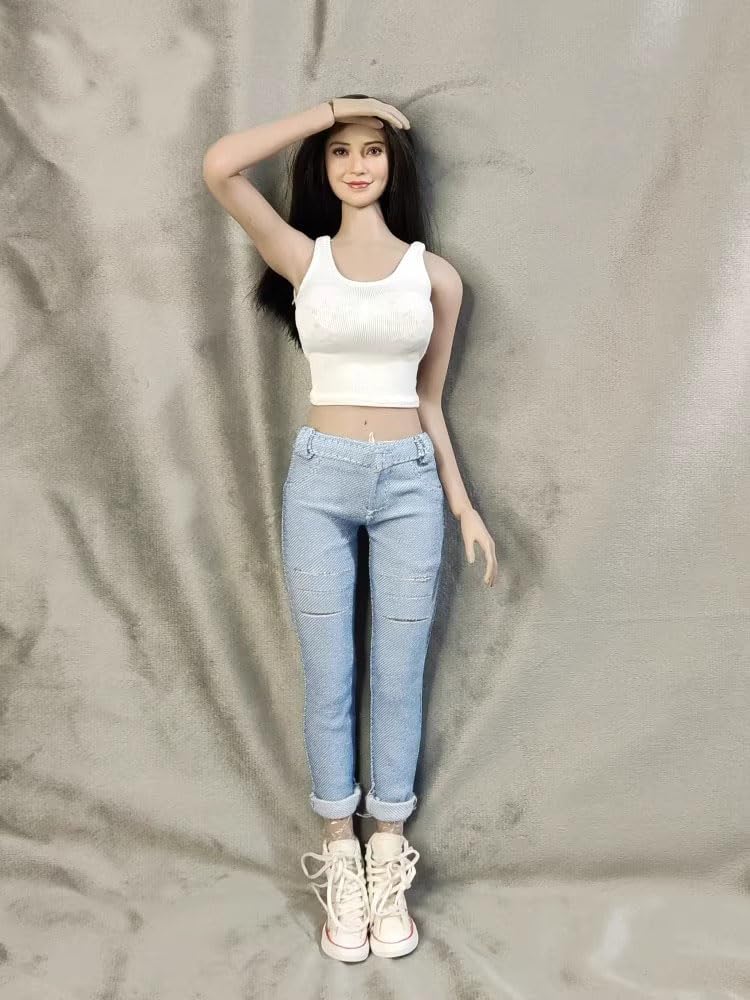 Ensemble de jeans de sport AMITD 1/6 pour poupée avec haut blanc et pantalon bleu clair