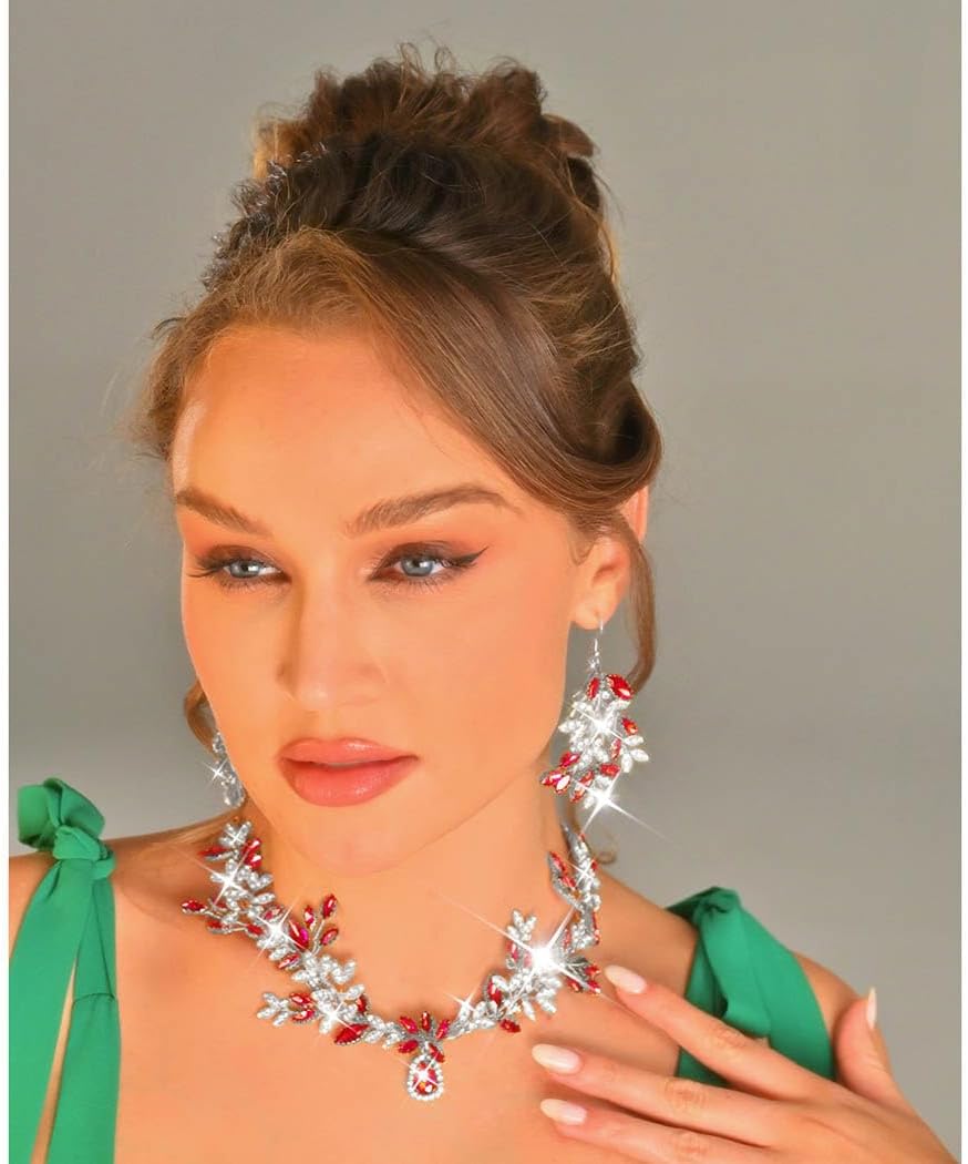 Unicra Bridal Wedding Jewelry Set Gold Green Crystal Necklace Earrings Sets Rhinestone Formal Costume Mothers Day Gifts Jewelry for Women and Brides - Image 3