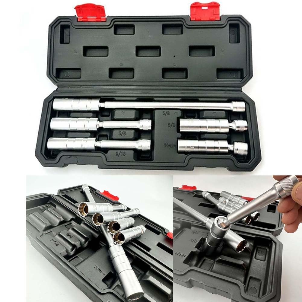 Lecreatekit 5-teiliges drehbares Zündschlüssel-Set, magnetische dünnwandige Verlängerungsschlüssel für Automobil, Motorrad, Chrom-Vanadium-Stahl, 14 mm, 9/16 5/8