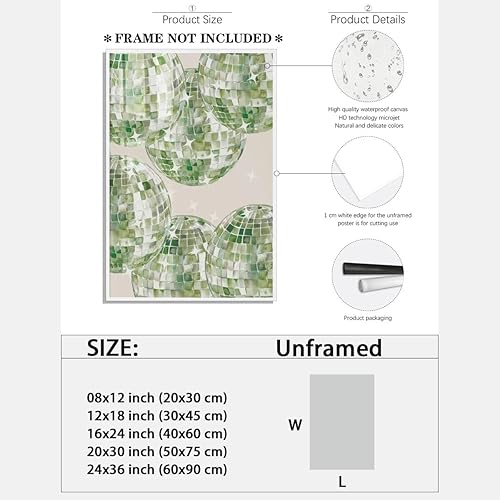 Miniatura 2 de HTCARWAT Póster de bola de discoteca verde salvia, arte estético de los años 70, arte de pared de apartamento, póster verde retro, póster de bola de