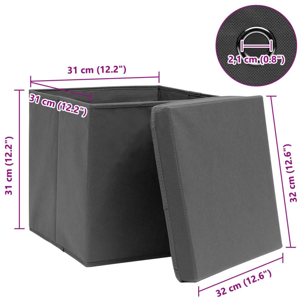 Scatole portaoggetti con coperchio, 4 pezzi, grigio, 32 x 32 x 32 cm, in tessuto, pieghevoli, salvaspazio, organizer per armadio, cassetto, ufficio, camera da letto