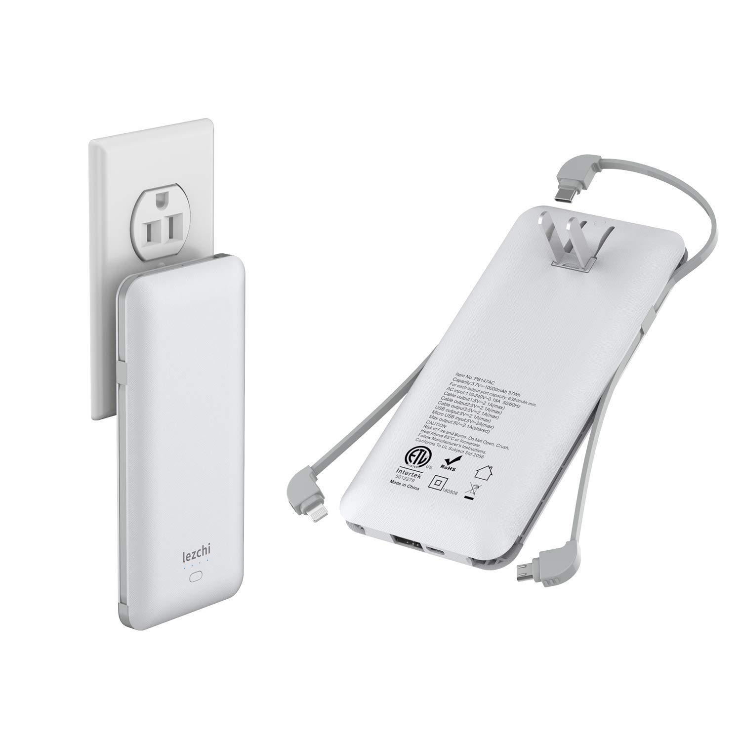 Portable Power Bank, Ultra Slim 10000mAh Portable Charger, USB C External Battery Pack with Built-in AC Plug, Charging Cable, Output Port, Compatible with All Kinds of Cellphones …