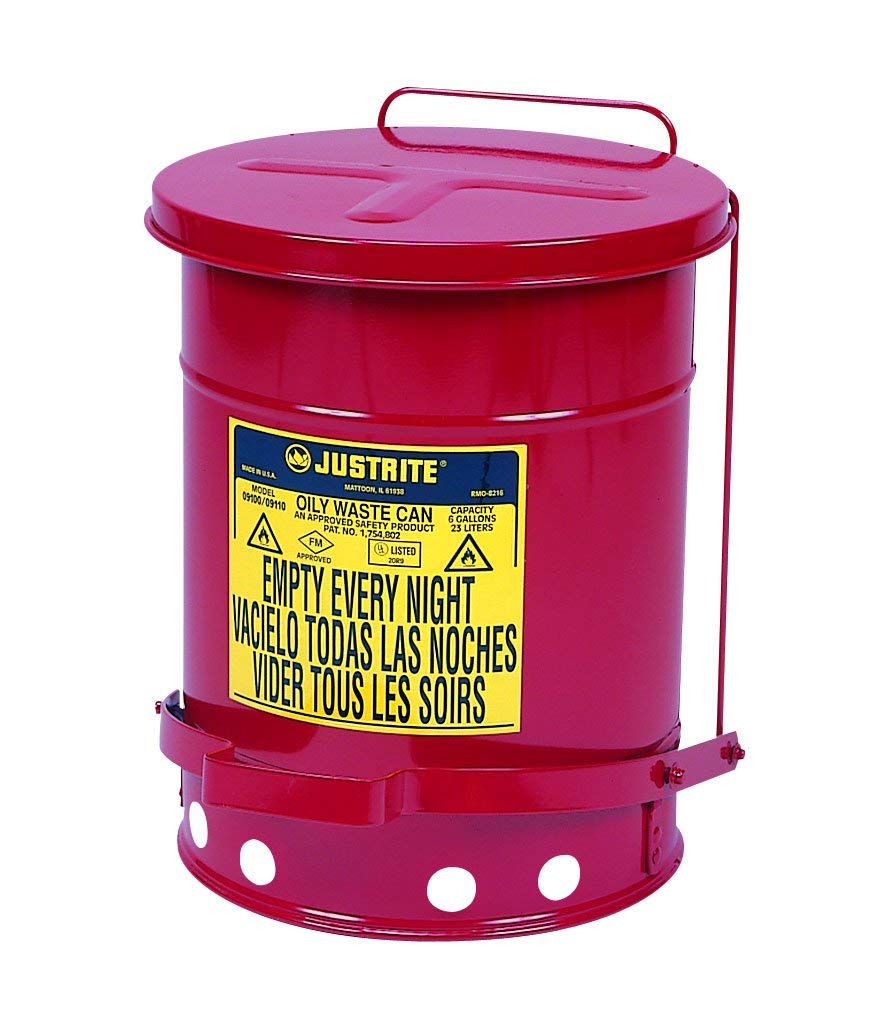 J09100 09100; Galvanized-steel; Safety cans; For Oily waste; Red; Foot Operated cover; Raised, ventilated Bottom; Reinforced ribs; Self-closing; UL listed; FM approved; Capacity: 6 gal. (23L)