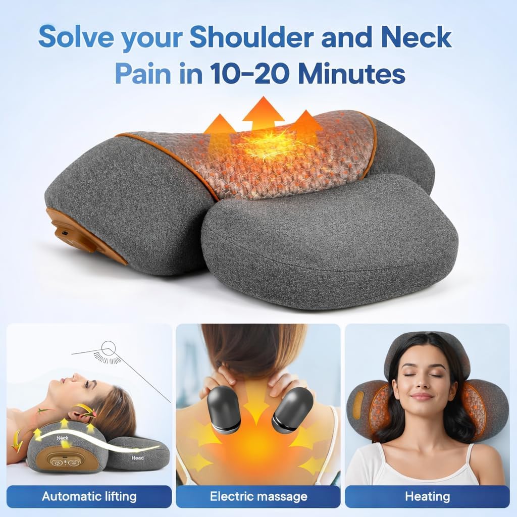3-in-1 Neck Massager Pillow with Heat, Rechargeable Cervical Traction Pillow with Vibration Massage, Ergonomic Memory Foam Neck Support for Relaxation at Home, Office, Travel