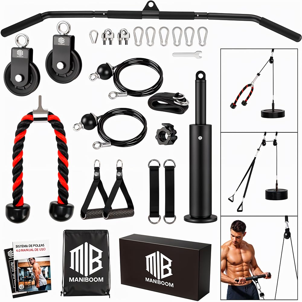 ManiBoom Polea Gimnasio Casa Multifuncional - Kit de Poleas de Musculacion Ajustable con Accesorios Barra 2 en 1 + Cuerda Triceps + Asas - Maquina Home Gym - Rack Pared Multigym