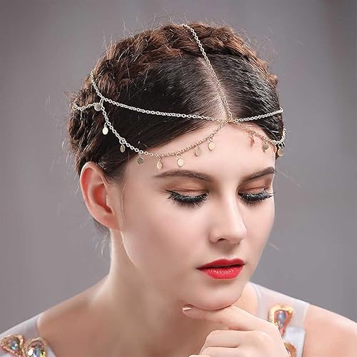 Miniatura 7 de Brinie Cadena de cabeza bohemia dorada con monedas pequeñas, cadena para el cabello, cabeza de boda, joyería, festival, Halloween, disfraz de novia,