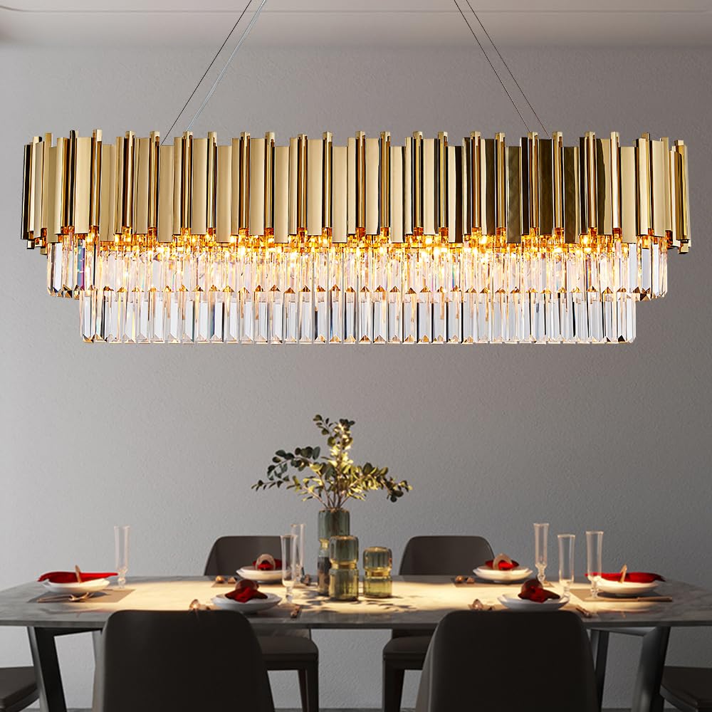 LIZZTREE Modern Dining Room Crystal Chandeliers - L46 inch Luxury Gold Chandelier Lights, Rectangle Ceiling Pendant Lighting Fixture for Kitchen Island