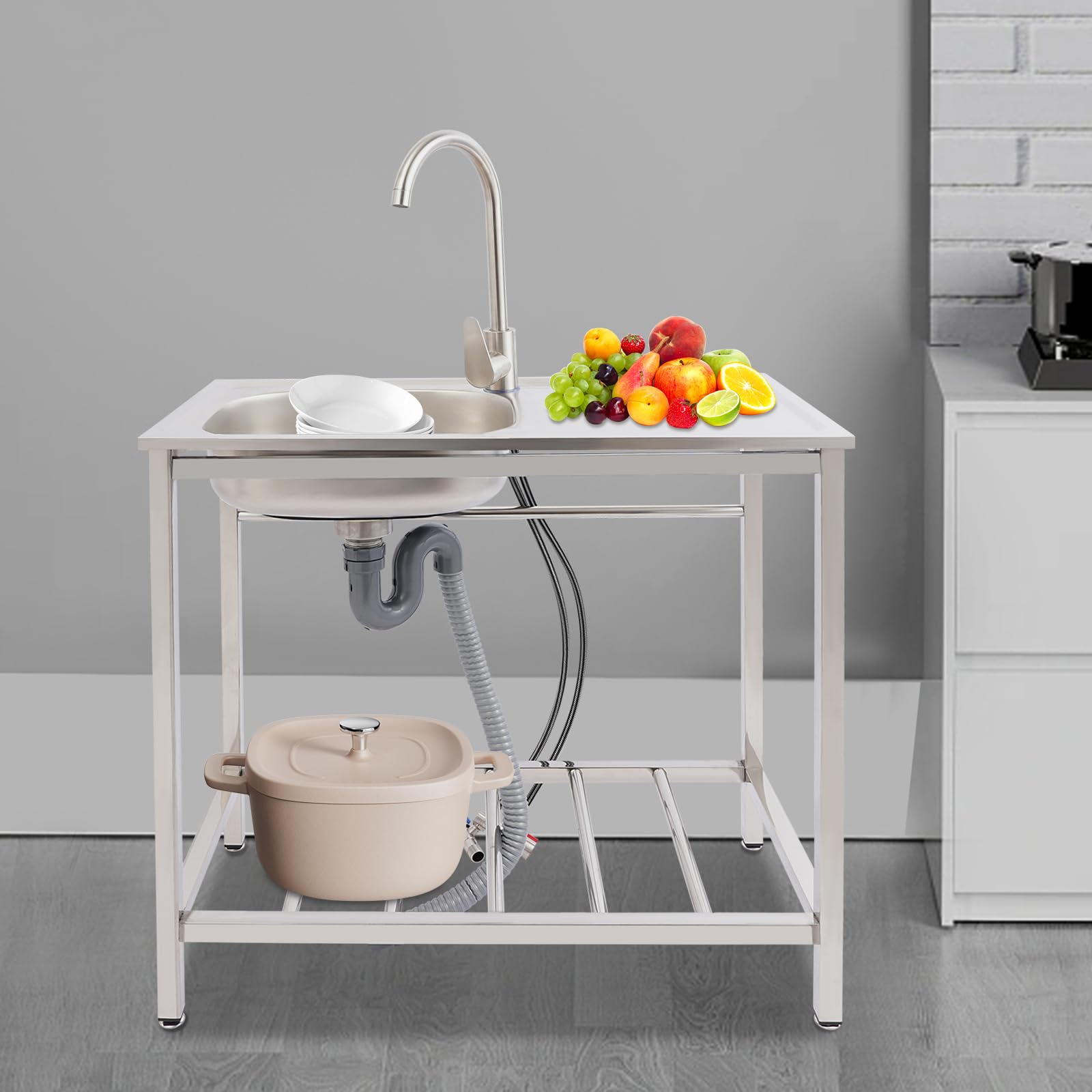 Küchenspüle Unabhängige, Spültisch Freistehende Edelstahl Spültisch mit Wasserhahn Gastro Küchenspüle, Moderne Einfache und Tragbare Kommerzielle Catering-Spüle für Garage, Restaurant