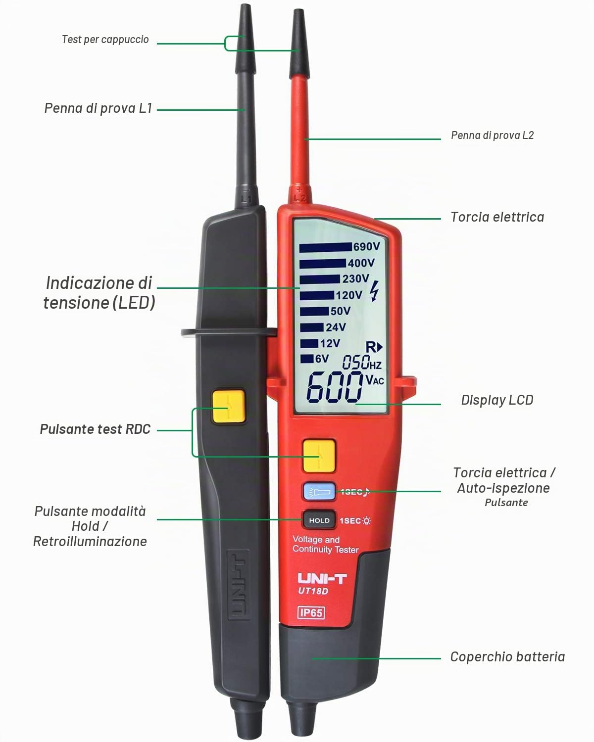 UNI-T UT18D Tester di Tensione e Continuità Impermeabile Tester Automatico della Tensione della Gamma con Prova RCD e Rotazione di Fase, Illuminazione Incorporata