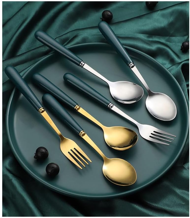 Silverware Flatware Set, 1/4/6/8/10 Pieces Dark Green Handle Round Spoon Household Stainless Steel Dessert Spoon Coffee Spoon Stirring Spoon (Color : Gold, Size : 8Pcs)