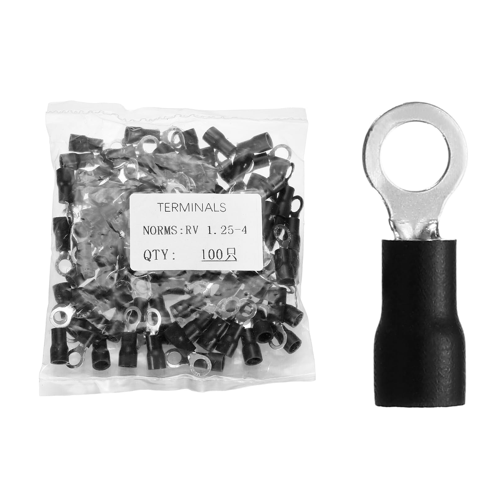 sourcing map 100pcs Terminals Ring Connectors #8" Tinned Copper Insulated Ring Crimp Terminals 22-16 Gauge for Electrical Industrial Chemical Project, Black