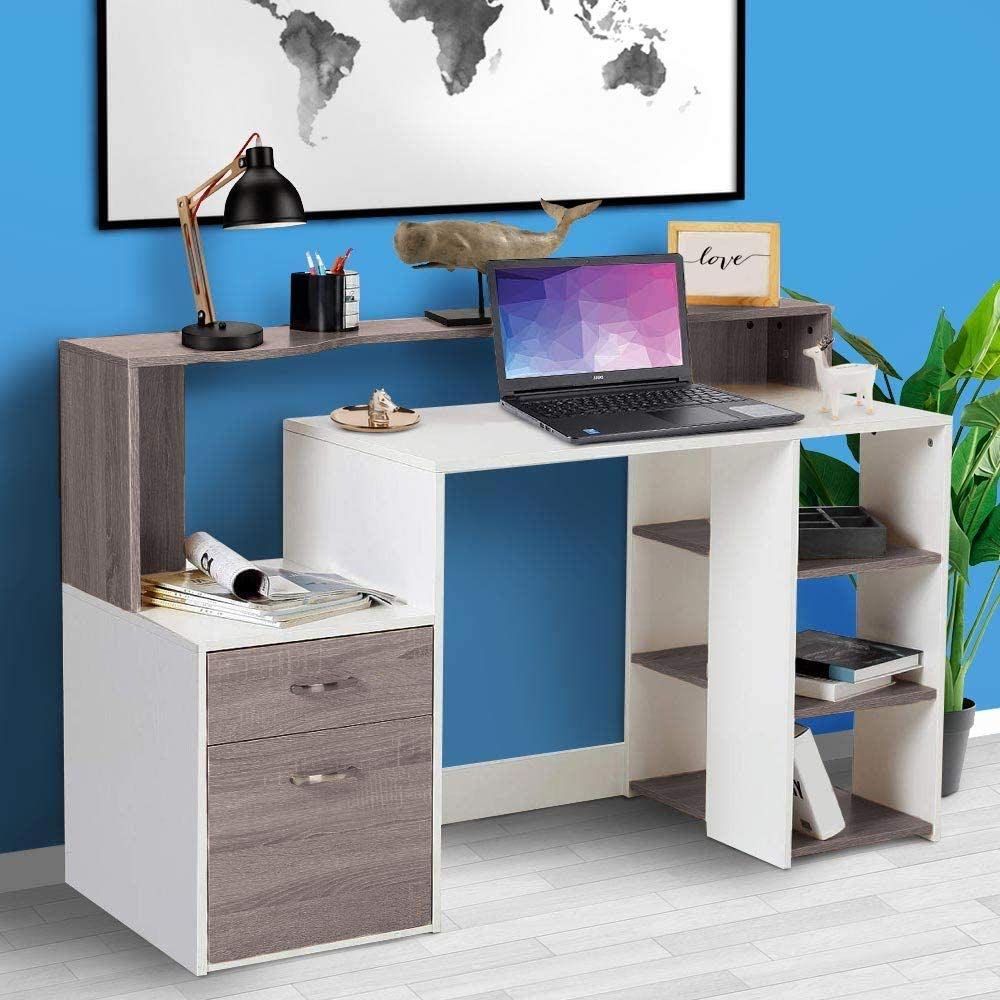 BAKAJI Scrivania con Cassetto e Mobiletto Tavolo da Lavoro Porta Pc Computer in Legno Melaminico Arredamento Casa Ufficio Cameretta (Grigio Rovere)
