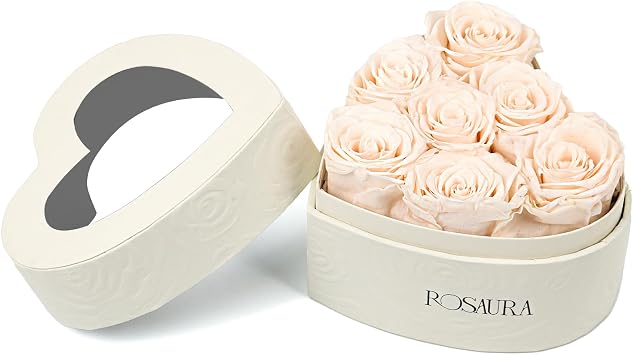 Rosaura Heart-Shaped Preserved Roses Gift Box - Real Forever Flowers for Christmas, Birthday, Valentines & Mothers Day Champagne, 7 roses