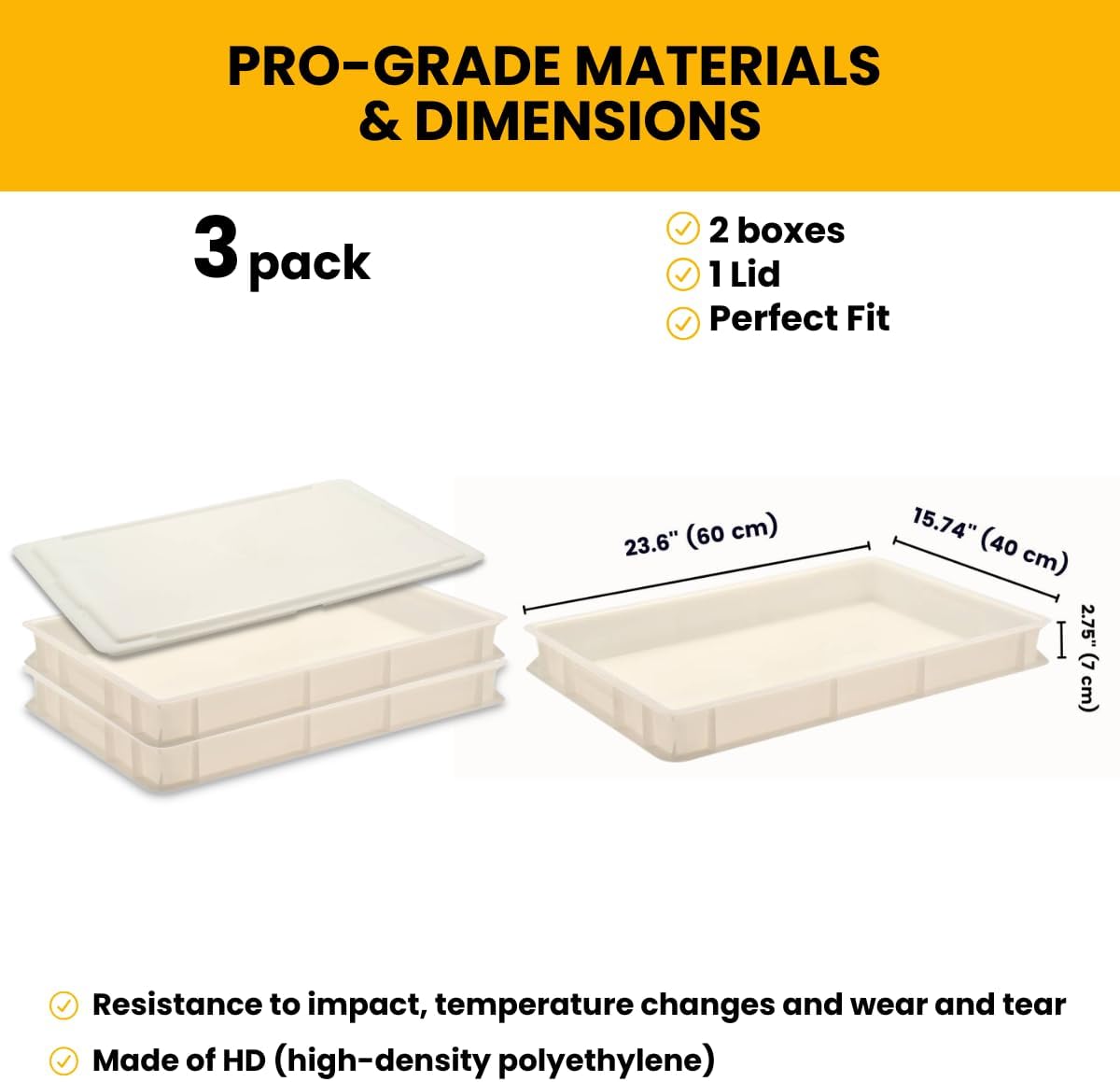 L'Oro Del Sud Commercial Dough Proofing Box Tray with Lid, White, 2 Trays + Lid, 23.6" x 15.74" x 2.75", Size Stackable Pizza Container, Bin Resistance to impact, temperature changes, Made in Italy