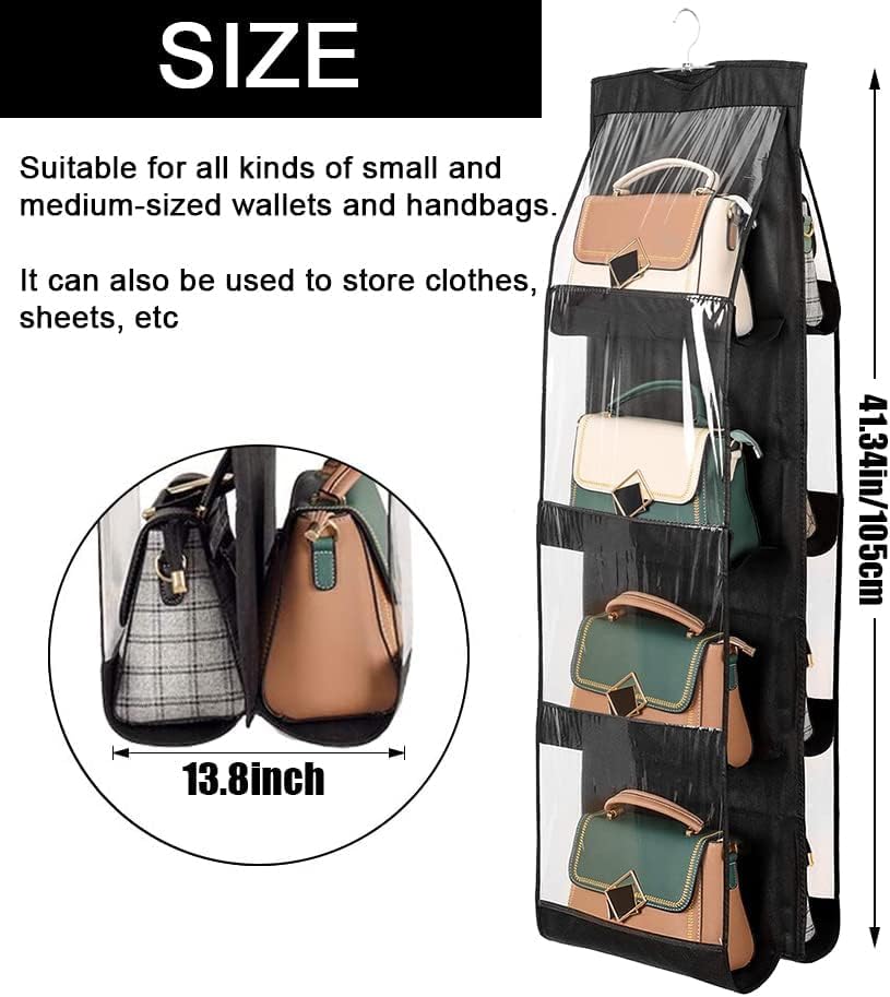 Image of Hanging Handbag Purse Organizer | 8 Pocket Dustproof Closet Storage | Foldable & Washable Handbag Holder | Wardrobe Organizer (8 Pocket - Black 110X35X35CM)