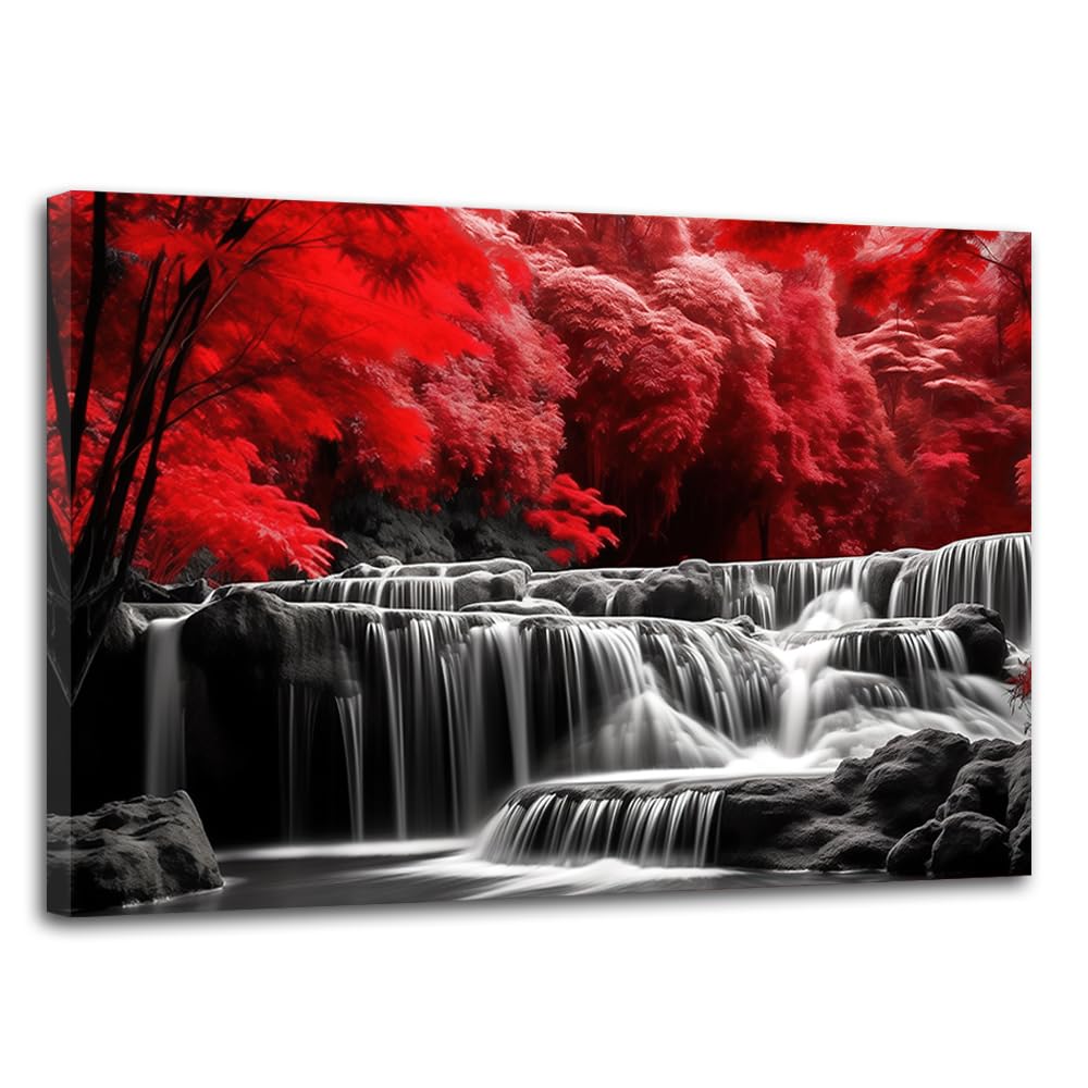 Amazon.com: ZHOUWALLPIC Waterfall Forest Canvas Wall Art Red Tree ...