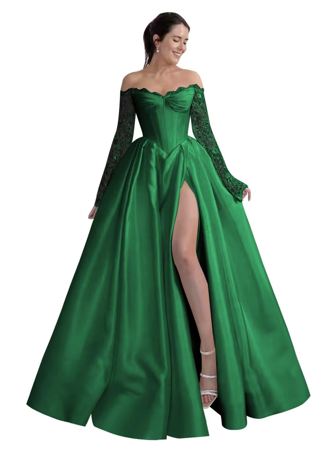Off Shoulder Satin Prom Dresses Lace Wedding Dresses for Bride Long Sleeve Ball Gowns for Women Formal with Split Emerald Green Size 2