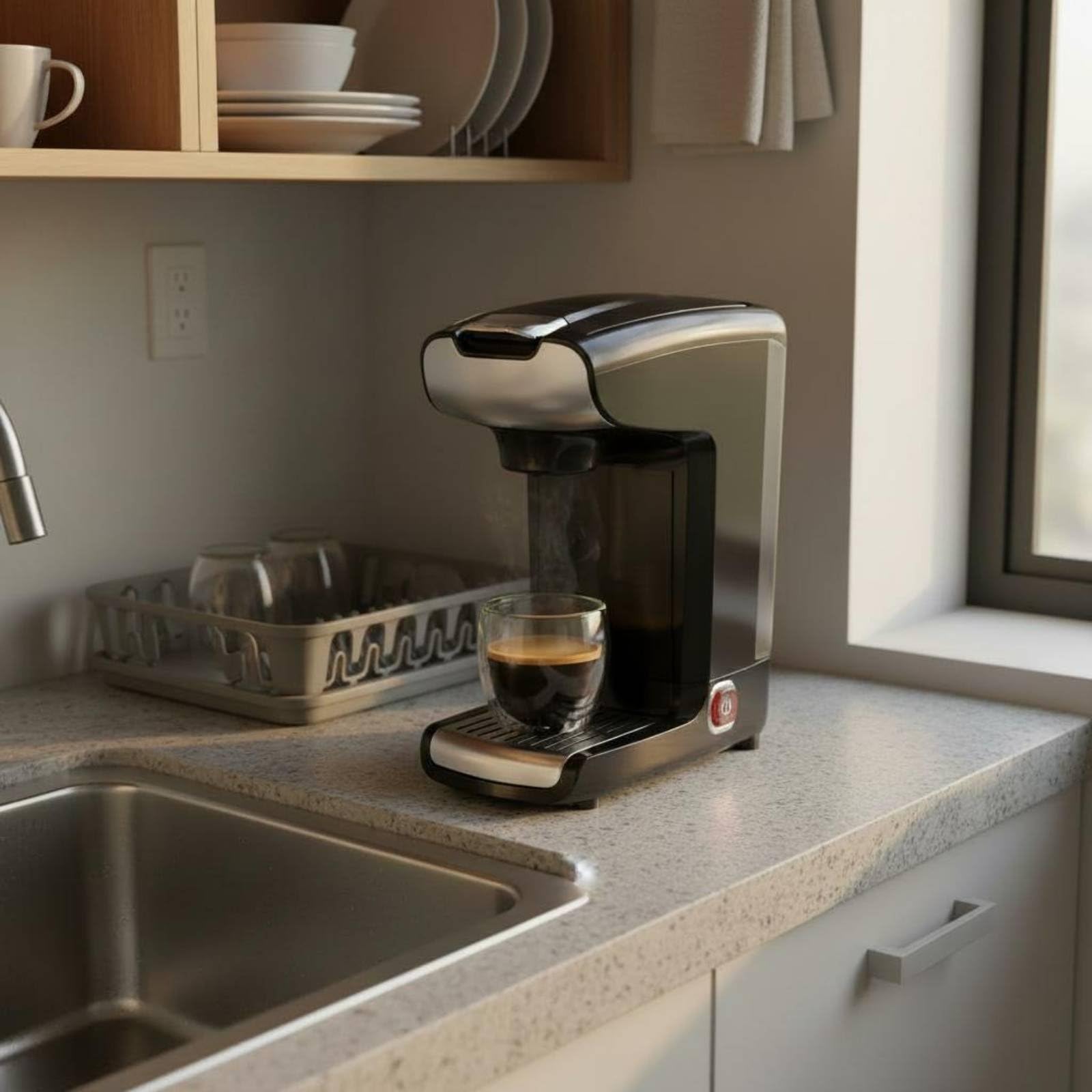 predolo Cafetera de Cápsulas y Café Molido Diseño Compacto Cafetera Eléctrica Monodosis Apagado Automático para Cocina, Oficina