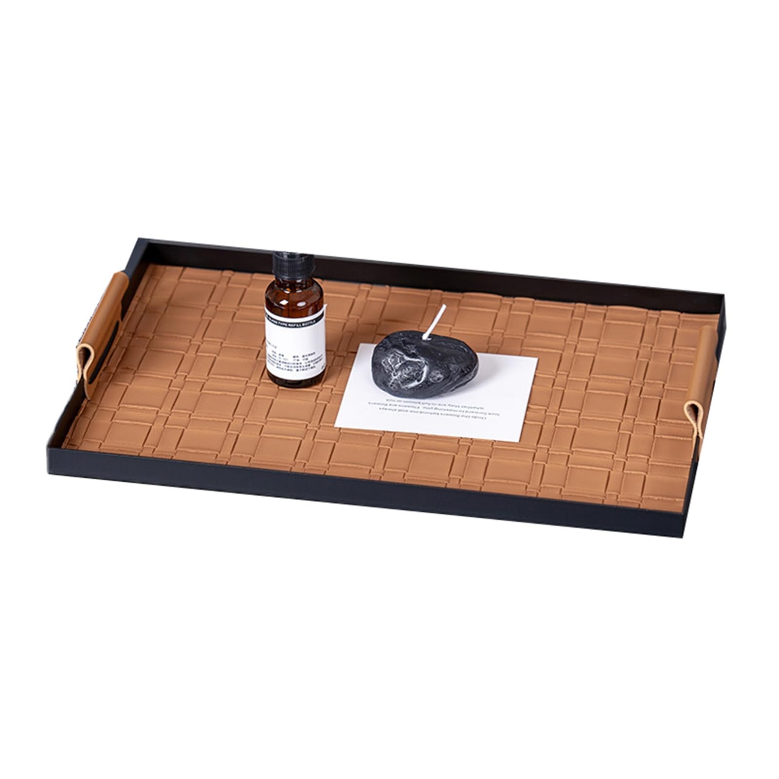 Iron Tray,Rectangular Storage Plate,Leather Handle,Desktop Pastry,Perfect for Holding Cups and Fruit(Color2)