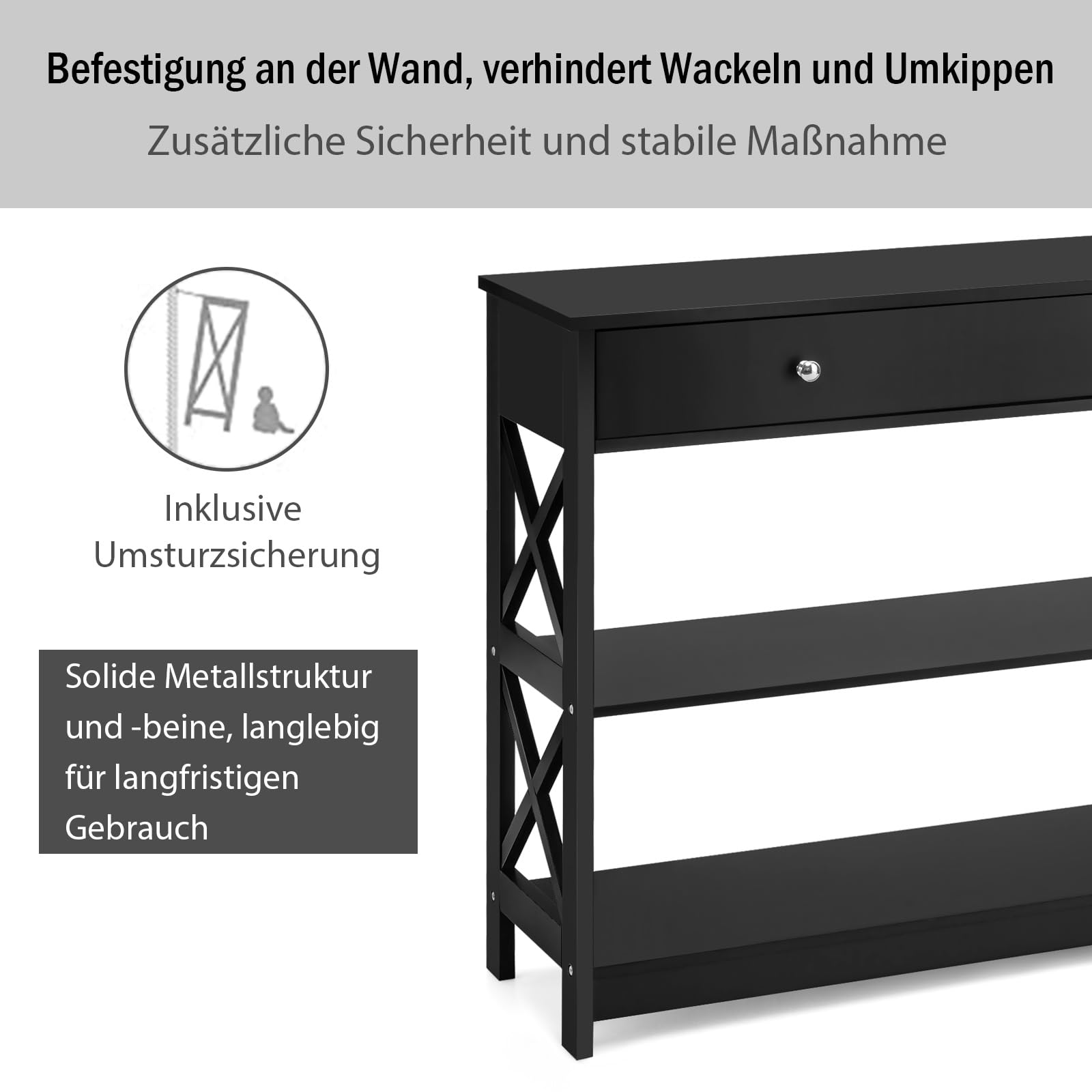 COSTWAY Konsola z szufladą i regałem, 3 poziomy, stół do przedpokoju z drewna, stolik pomocniczy, ochrona przed przewróceniem, 100 x 30 x 80 cm (czarny), HW65707DE