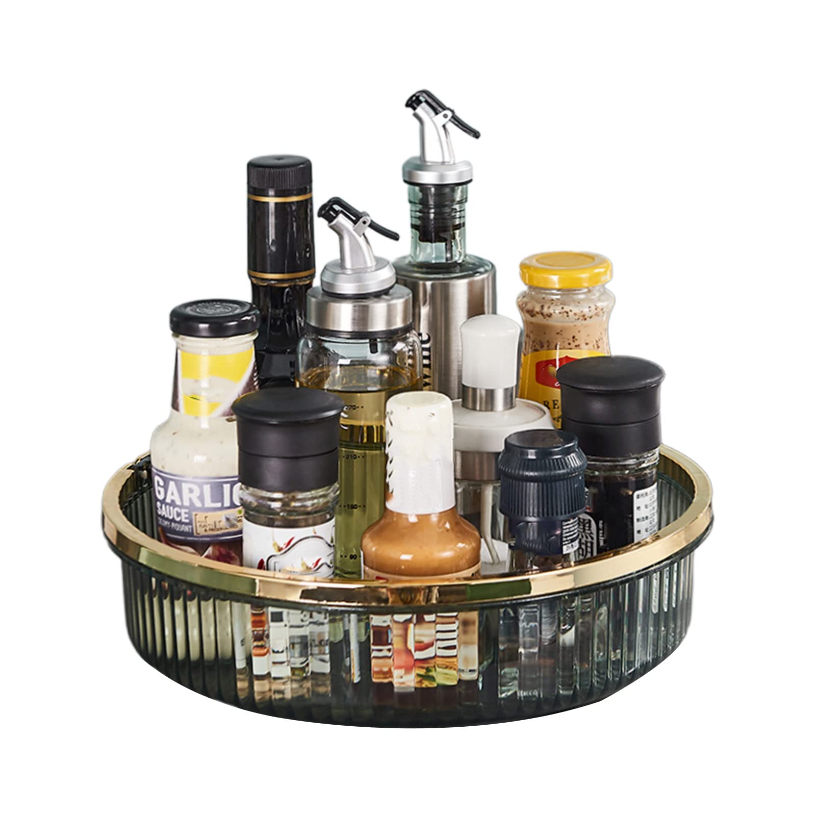 Tsophreniq Upgraded Condiment Storage Rack Kitchen Organizer Box with Gold White Handle Clear Turntable Fruit Basket for Cabinet Condiment Storage Rack