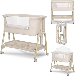 Lorelli Baby Beistellbett Millie, Stubenwagen mit faltbaren Seitenwand, Höhenverstellbares Babybett mit Matratze, Faltbares Zustellbett, Beige