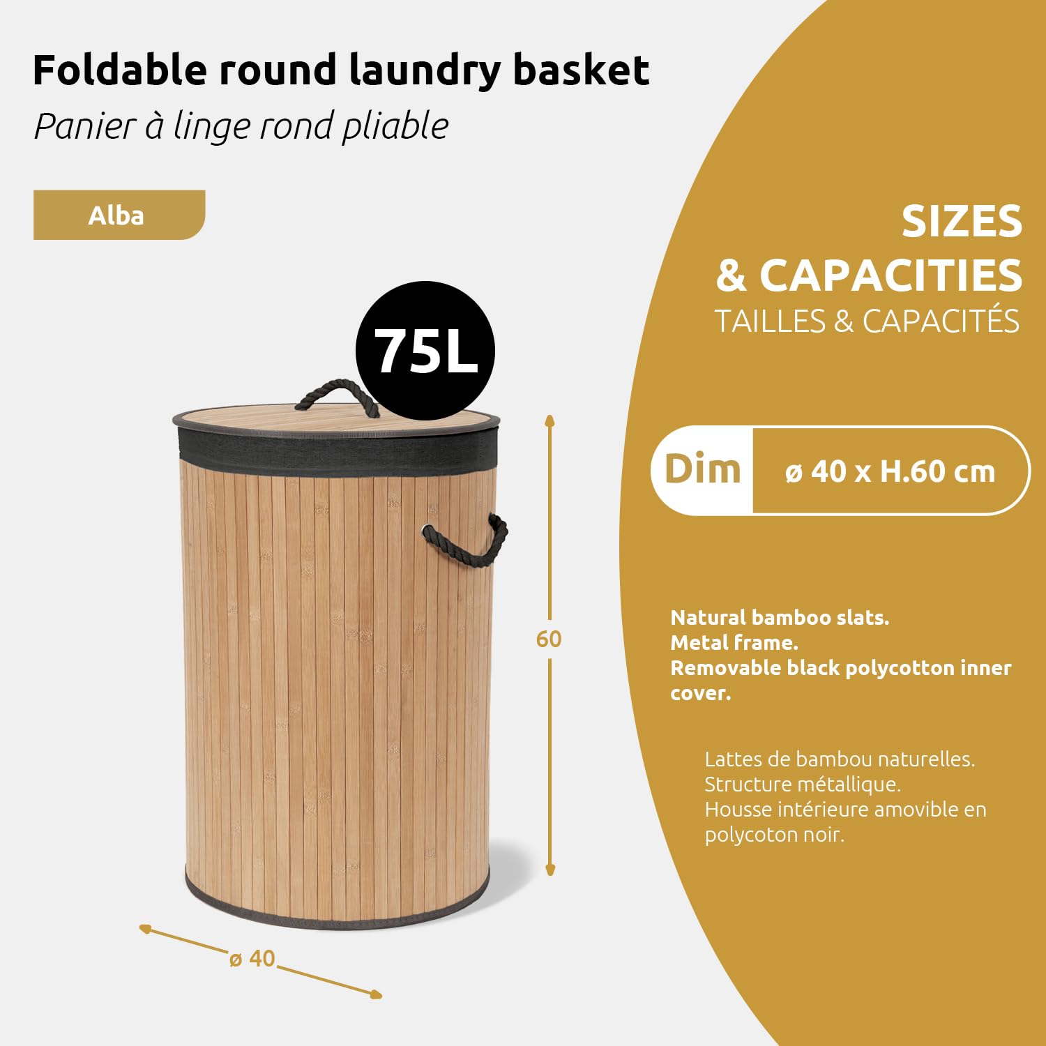 COMPACTOR - Panier à linge rond pliable en bambou avec couvercle - Tissu intérieur noir amovible - Poignées en corde - Format gain de place 40 x H60 cm - Style naturel et sobre