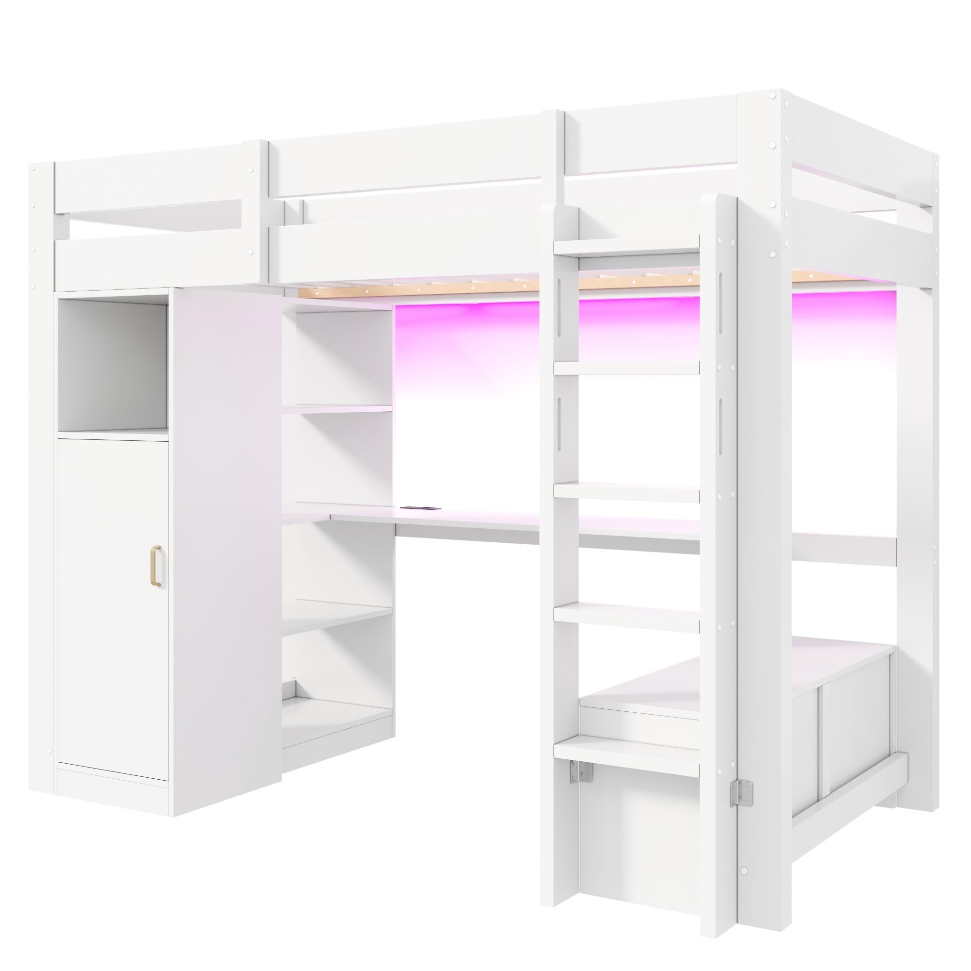 Lit Mezzanine 90 x 200 cm avec Penderie, Lit en Hauteur avec Éclairage LED et Port USB, Bureau et Étagère Ouverte à 4 Niveaux, Banc de Rangement, Barrières de Sécurité, Blanc-B