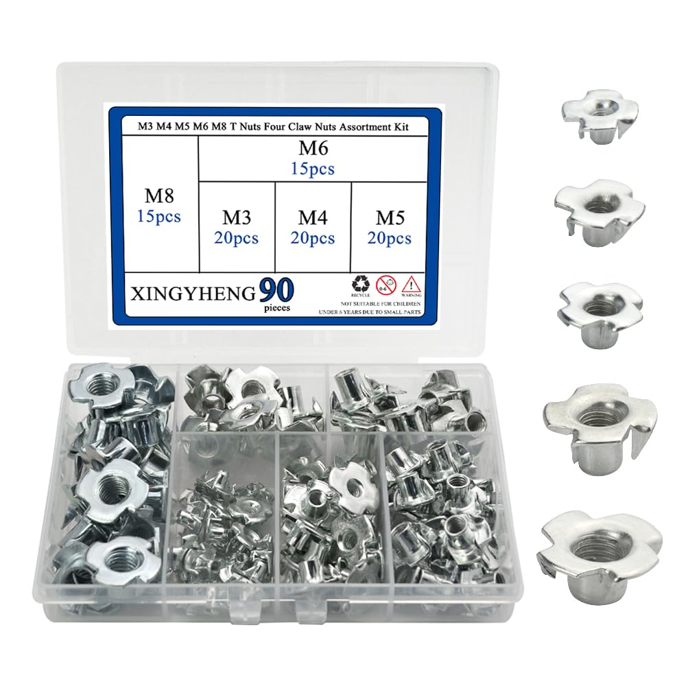XINGYHENG 90Pcs M3 M4 M5 M6 M8 T Nuts Four Claw Nuts Assortment Kit Zinc Plated Carbon Steel for Woodworking Cabinetry Furniture Fastener Climbing