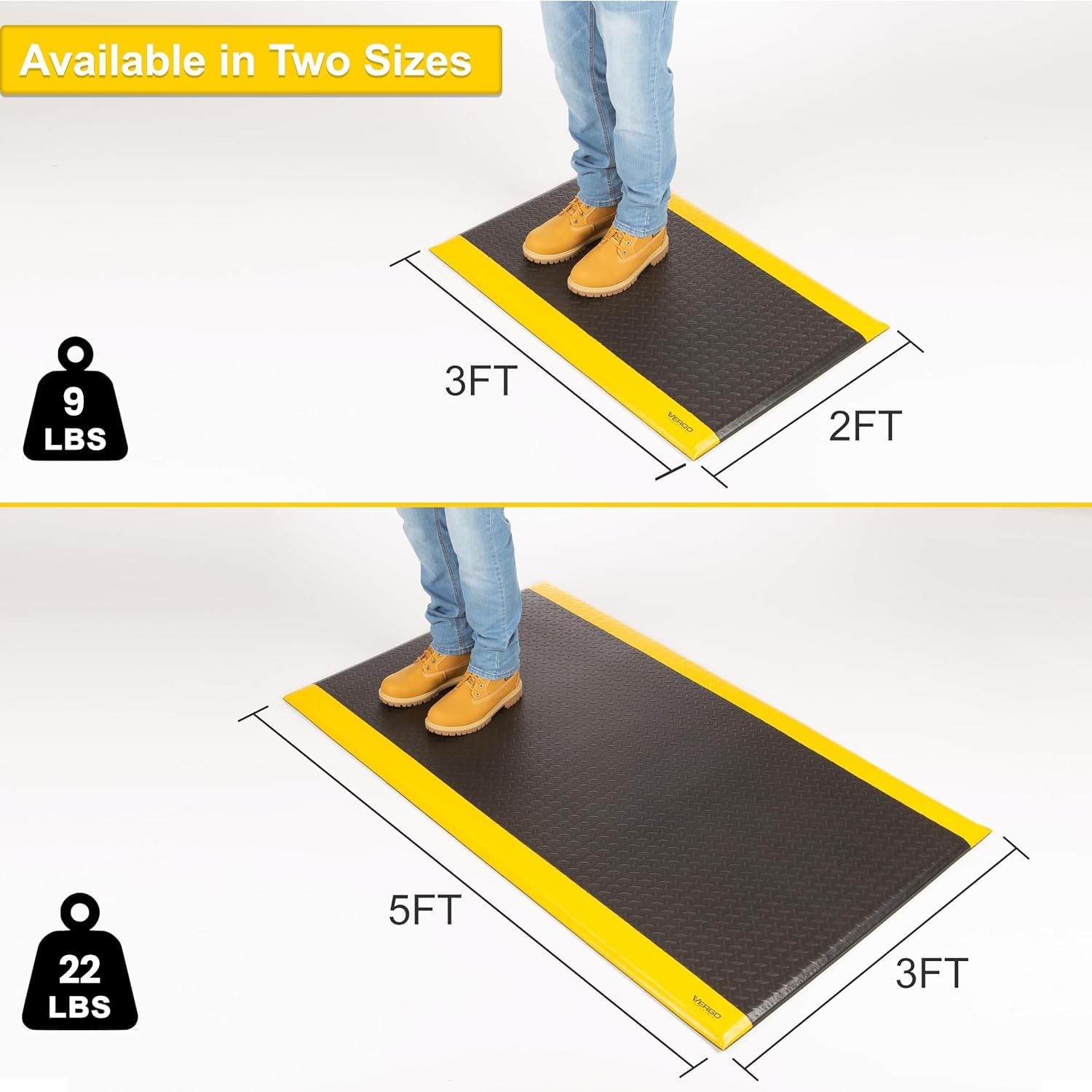 Vergo Industrial 15/16” Extra Thick Anti Fatigue Mat - Heavy Duty Commercial Grade Diamond Plate Ergonomic Standing, Non-Slip Black with Yellow Anti Fatigue Floor Mat for Work, Shop (1-Pack 3' x 5') — Amazon image 6