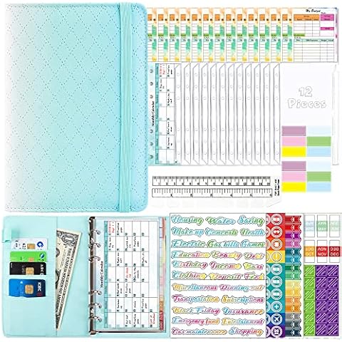 SUPJADE A6 Budget-Planner Budget-Planner Budgeting Notebook with 12 Zip-Off Cash Budgeting Envelopes 14 Sheets Budget (Blue) Cover