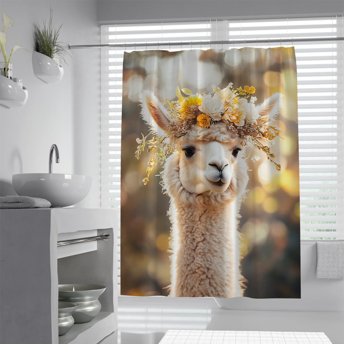 UIRINGART Lovely Alpaca Shower Curtain W120xL200cm Water Repellent Mold Resistant Sweet Yellow Flower Garland Llama Portrait Fabric Bathroom Screen Rustproof Grommets Tub Liners