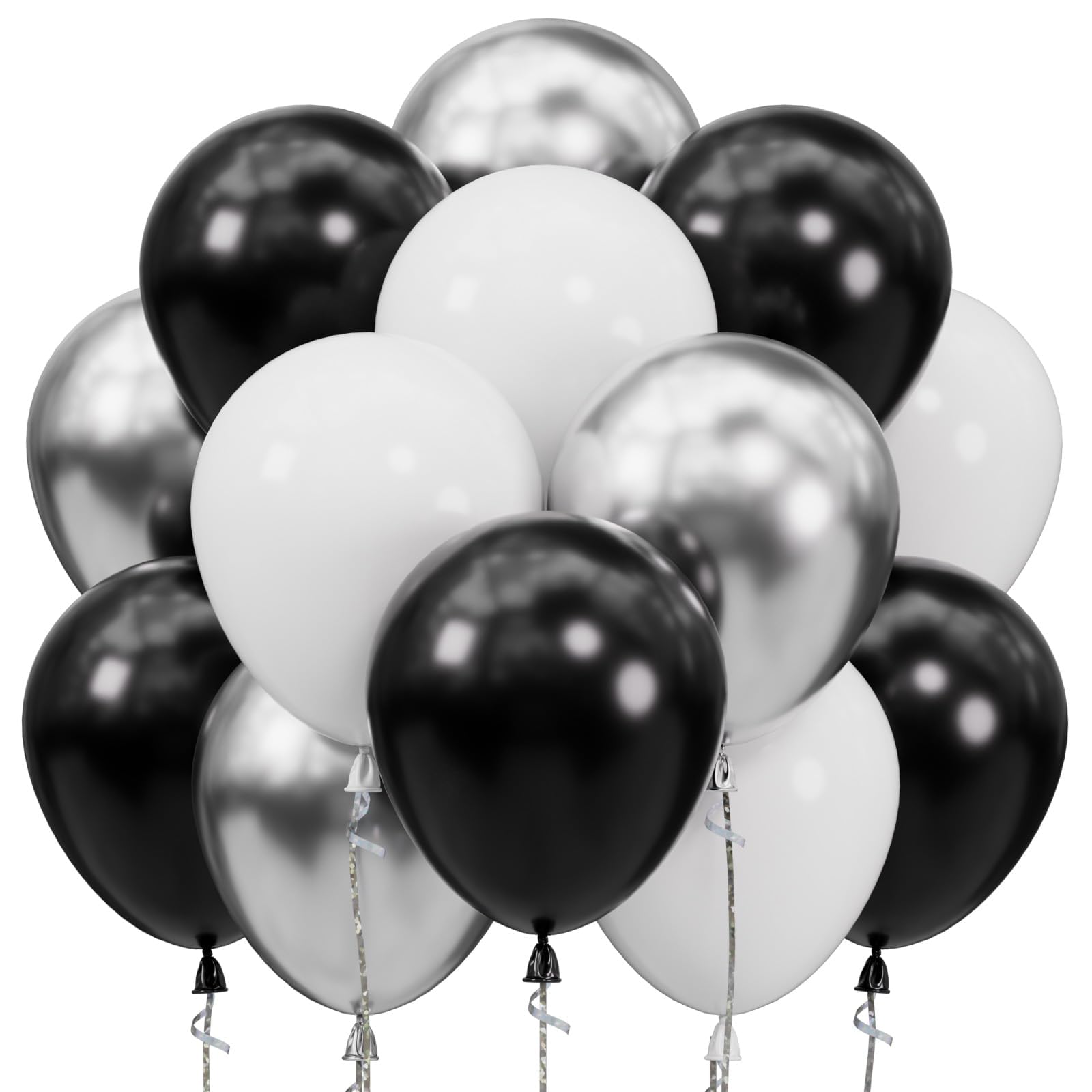 SUWEN Black and Silver Balloons,60pcs 12 inch Black White Silver Metallic Chrome Balloons for New Year Birthday Wedding Anniversary Party Decoration