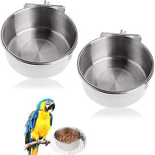 2 Pack Parrot Food Bowl Bird Feeder for cage, Stainless Steel Parrot Feeder with Clamp, Bird Cage Food Water Bowls for Cockatiel Conure Budgies Parakeet Parrot Macaw Small Animal Chinchilla
