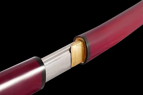 Miniatura 3 de Katana Samurai japonesa Makoto hecha a mano con técnica Shirasaya con mango brillante rojo burgundy