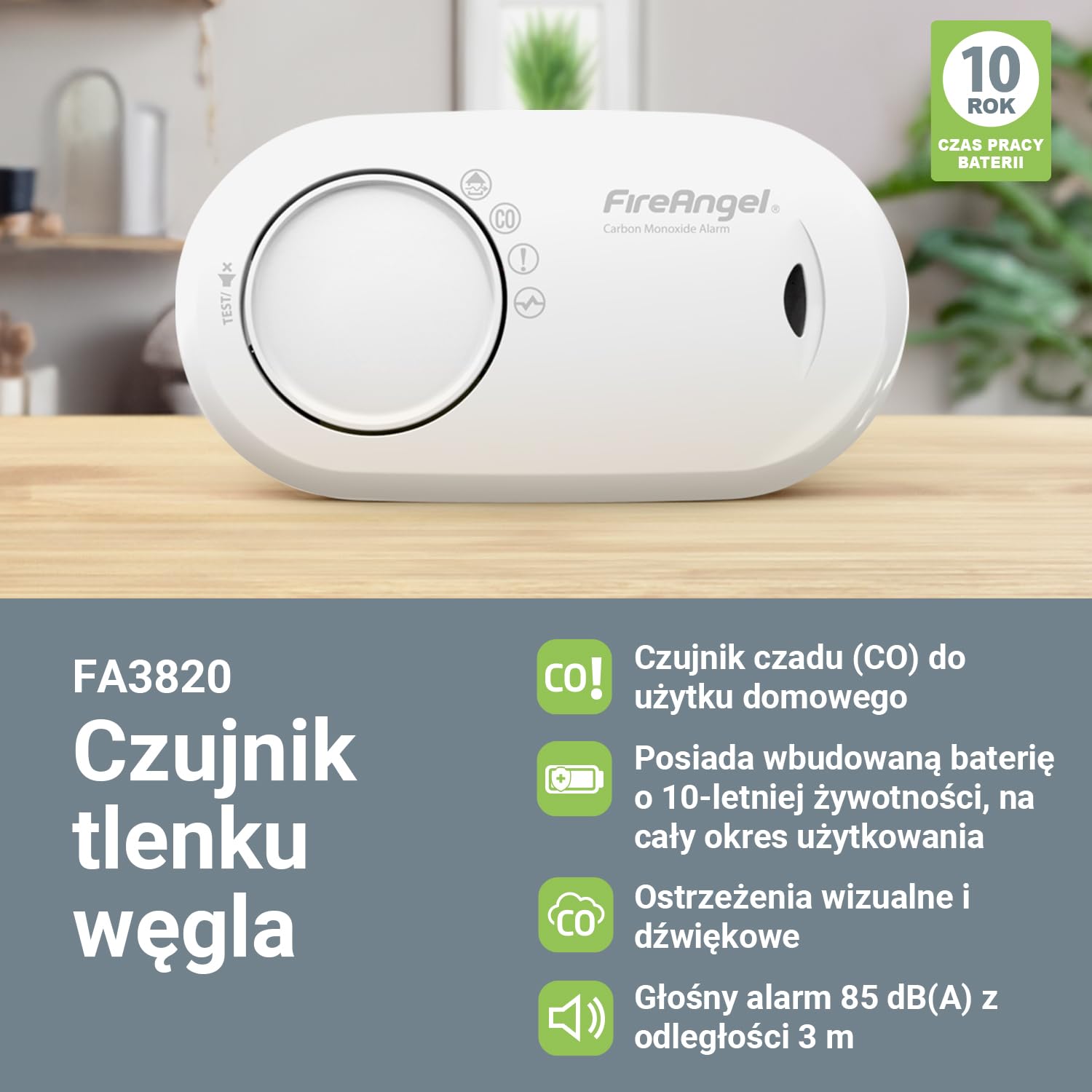 Fire Angel FA3820 czujnik czadu do domu i na wakacje – czujnik tlenku węgla z wbudowaną baterią na 10 lat – podróżny detektor tlenku węgla – biały