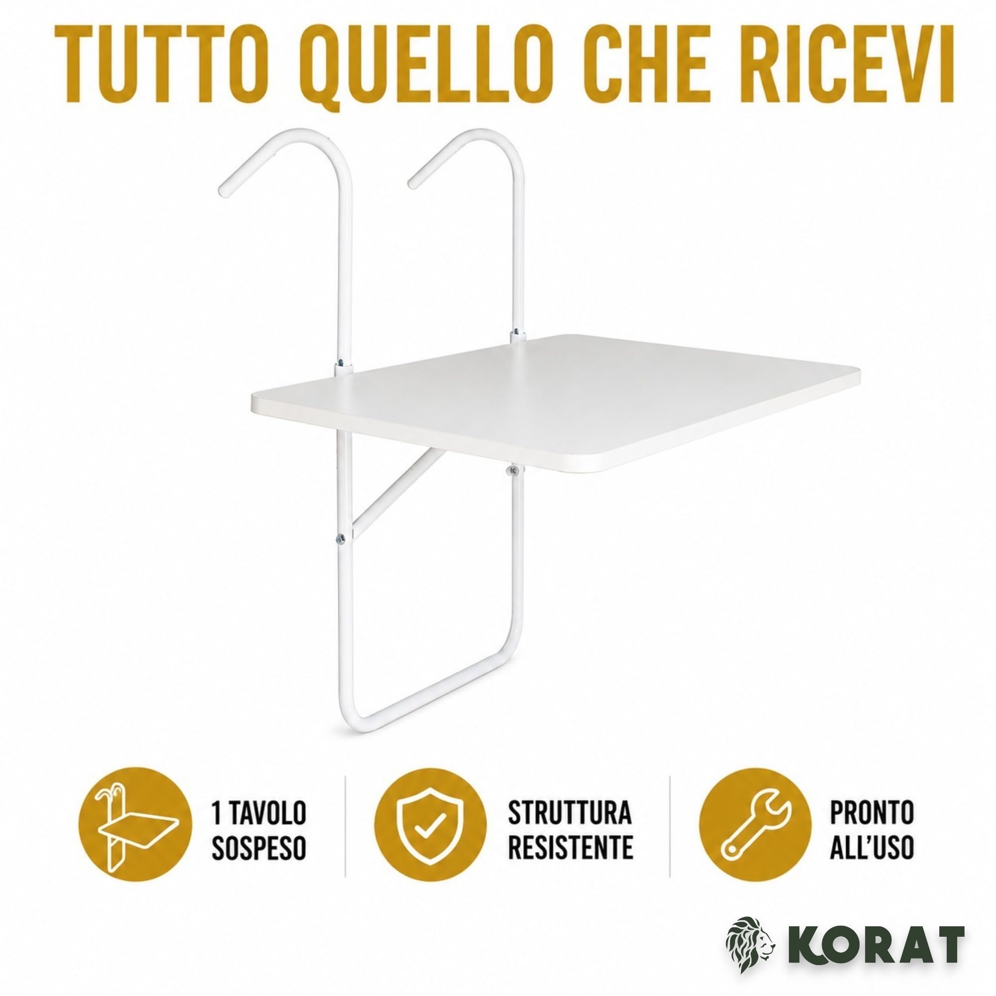 KORAT - Tavolo da Balcone Sospeso 60x40 cm, Tavolino Pieghevole da Ringhiera con Ganci Regolabili fino a 15 cm, Portata 15 kg, Tavolo Salvaspazio per Balcone, Terrazzo e Giardino