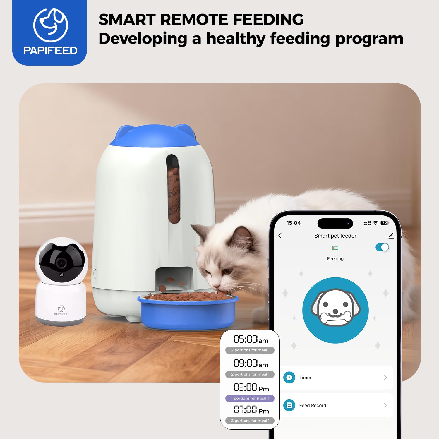 PAPIFEED Automatic Cat Feeder with Camera, App-Controlled WiFi Auto Food Dispenser, Dual Power Backup, Slow Feeding Mode, 3L Moisture-Proof Feeder for Cats & Small Dogs (Blue) - image 2