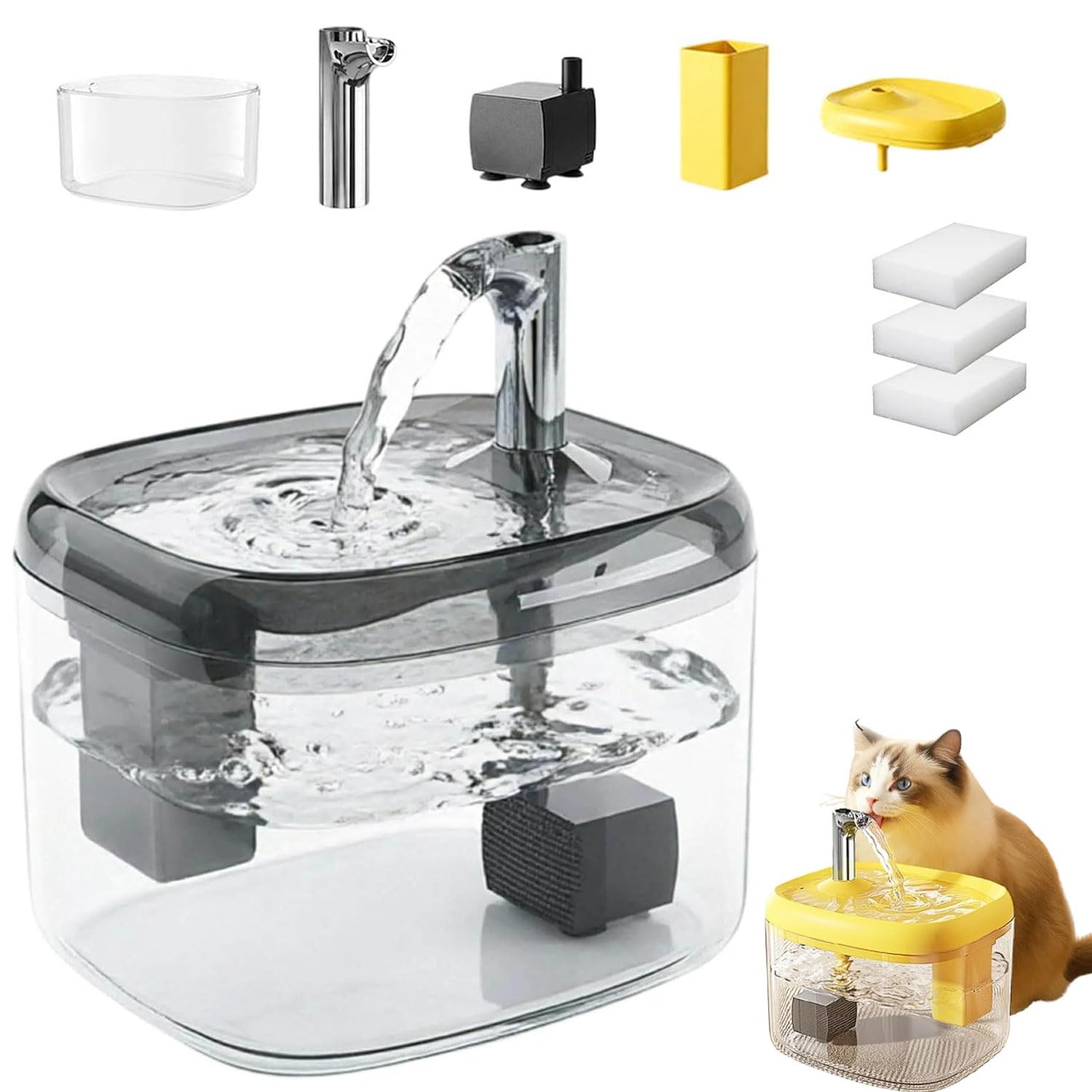 Flowing Pet Water Fountain, Silent Pet Drinking Dispenser with Food-Grade PET Bowl, Cat Water Fountain for Drinking, 1.5L Automatic Pet Water Dispenser with 3 Filters for Cats and Small Dogs (Black)