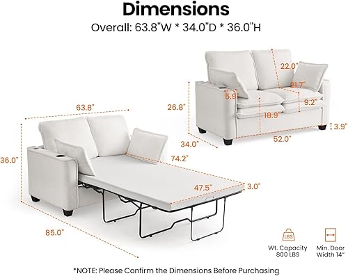 CHIC HOUSE 2-in-1 Pull-Out Sofa Bed, Convertible Chenille Sofa with 20W Fast Charging, LED, Memory Foam Couch Layered Cushion Trim, Full/Queen RV Sleeper Sofa, Living Room, Apartment Small Space - Thumbnail 5