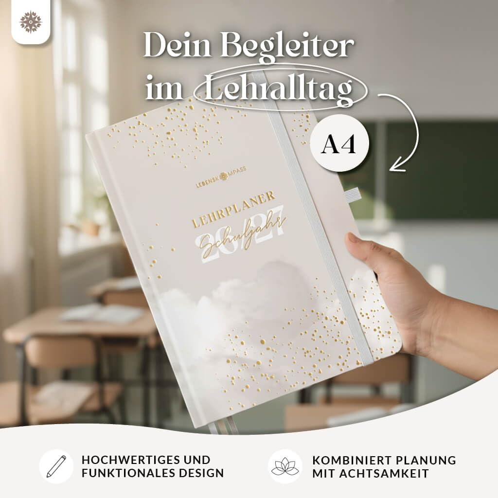 Lebenskompass® Lehrerkalender 2026/2027 DIN A4 ”Cloud” - Schuljahresplaner Hardcover mit Wochen & Monatsübersichten, Klassen & Notenlisten, Stundenplänen für Lehrerinnen und Lehrer