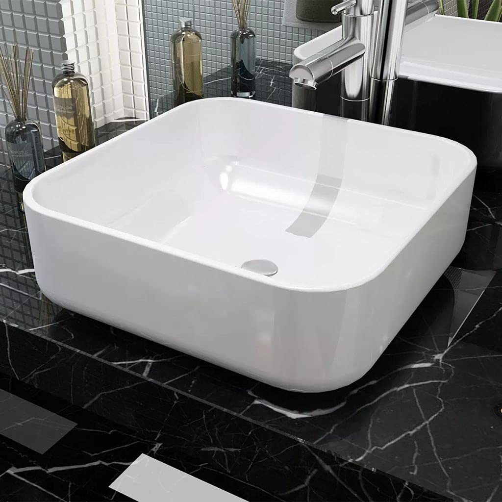 ShGaxin Lavabo, Lavabo sobre Encimera, Lavabo Baño, Muebles De Baño, Mueble Lavabo, Cuadrado de cerámica Blanco 38x38x13,5 cm